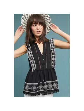 AKEMI + KIN by Anthropologie Adelina Embroidered Blouse in Black-Size 4